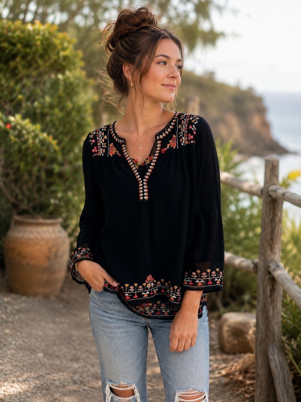 Lucky Brand Small Black Embroidered Boho Peasant Blouse Floral 3/4 Sleeve Top
